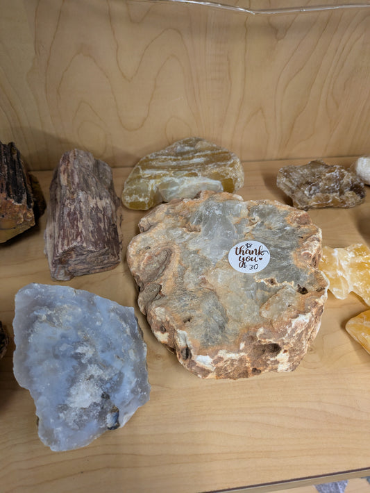 Geode pieces and a calcite